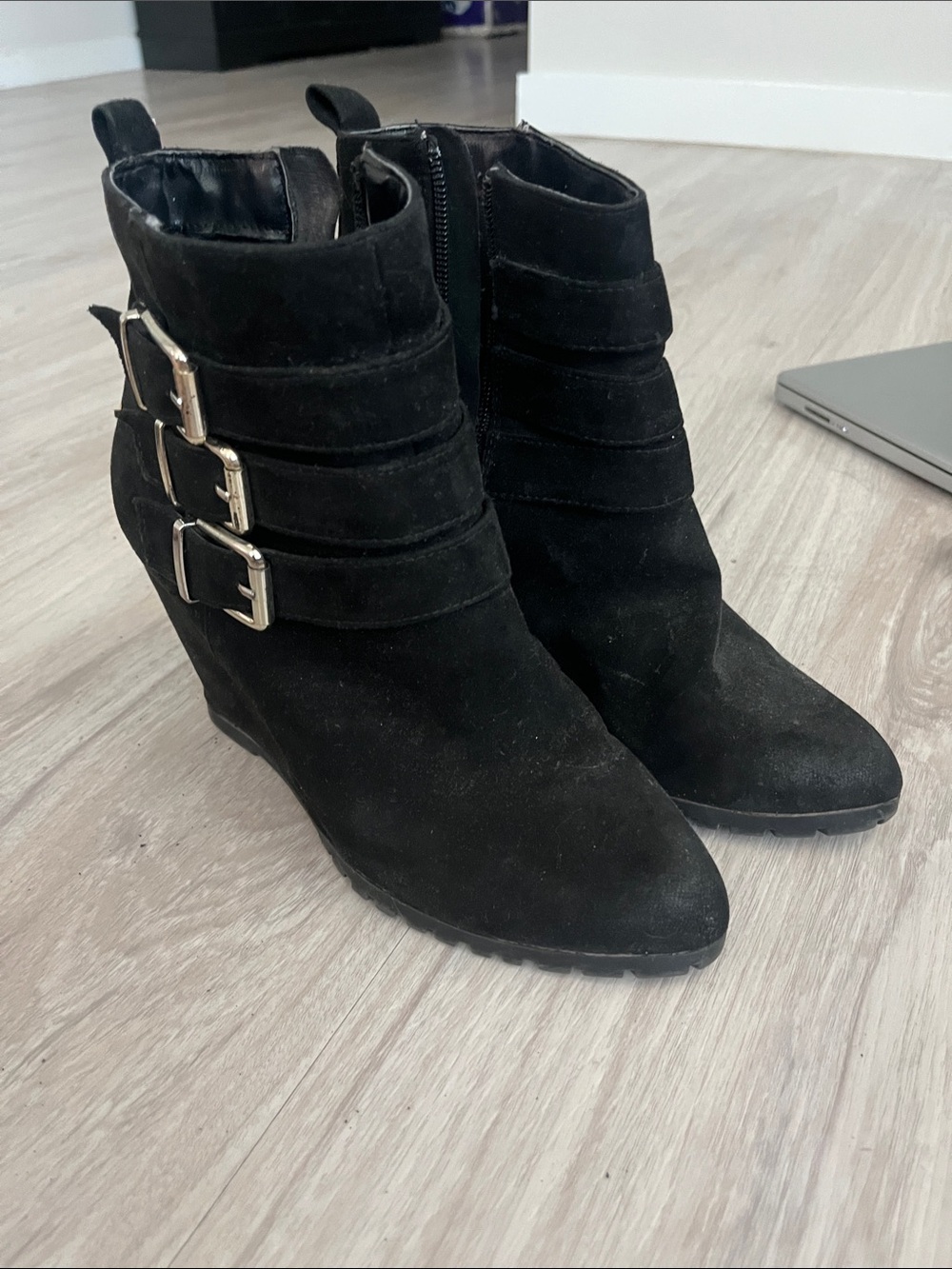 Qupid Black Suede Wedge Ankle Boots with Triple Buckle